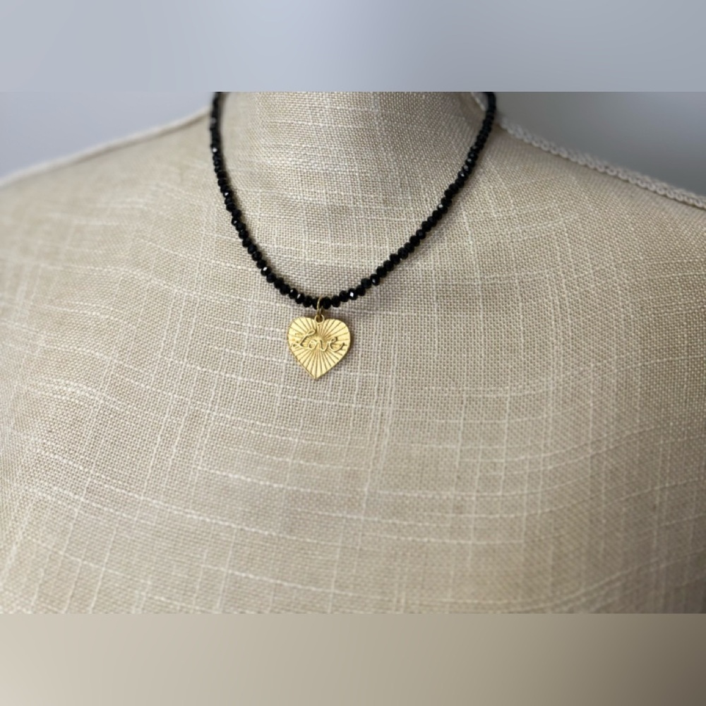 Black Beaded Gold LOVE Heart Pendant Necklace